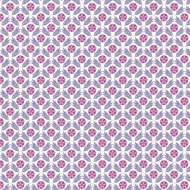 Küçük mor çiçeklerin ve yaprakların saydam arkaplanda izole edilmiş beyaz yaprakların tekrar eden tasarımı