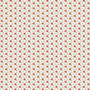 Beyaz arka planda yeşil yapraklı küçük kırmızı ve beyaz çiçeklerin tekrar eden deseni şeffaf arkaplanda izole edilmiş.