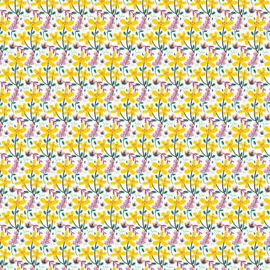 Beyaz arkaplanda yeşil yapraklı sarı çiçekler ve pembe tomurcukların tekrar eden tasarımı