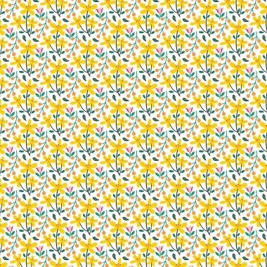 Beyaz arkaplanda küçük sarı çiçek ve yaprakların tekrar eden tasarımı