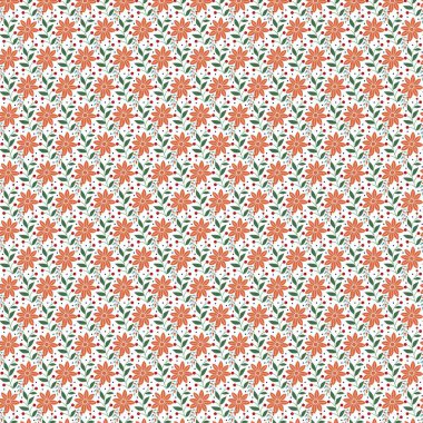 Beyaz yüzeyde turuncu çiçeklerin ve yeşil yaprakların tekrarlanan tasarımı