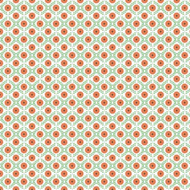 Beyaz üzerinde yeşil yapraklar ve turuncu çiçeklerin tekrarlanan tasarımı