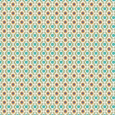 Küçük çiçek ve yaprakların açık arkaplanda mavi turuncu ve yeşil tonlarda tekrar eden tasarımı