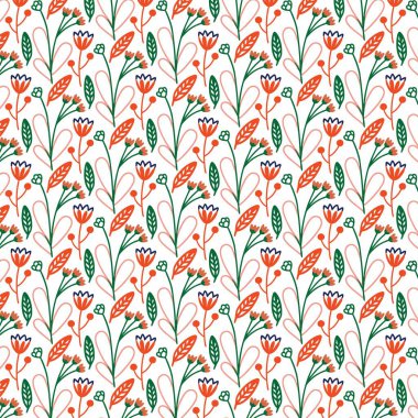 Beyaz arka planda küçük turuncu çiçekler ve yeşil sapların tekrarlanan tasarımı