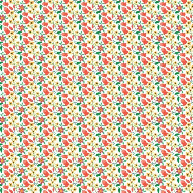 Beyaz arkaplanda küçük çiçek ve yaprakların tekrar eden tasarımı