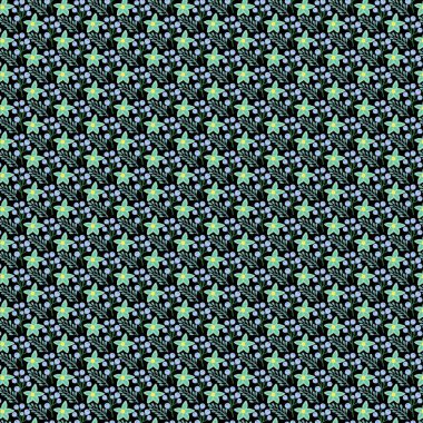 Koyu arkaplanda küçük mavi ve yeşil çiçeklerin tekrarlanan deseni