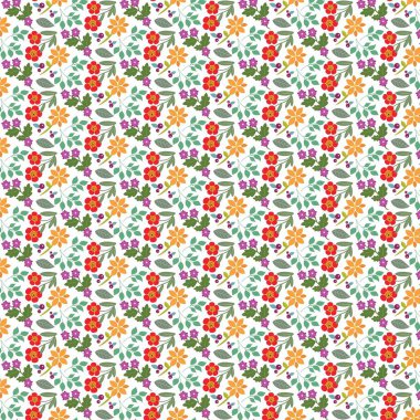 Küçük çiçeklerin kusursuz deseni ve beyaz arkaplanda yapraklar