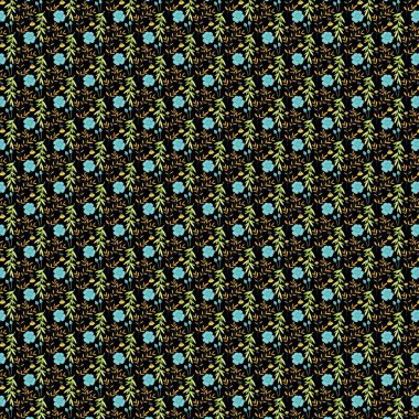 Yeşil ve sarı yapraklı küçük mavi çiçeklerin tekrarlanan deseni