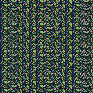 Küçük turuncu çiçeklerin pürüzsüz deseni ve mavi arka planda pembe yapraklar.