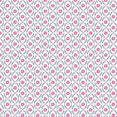 Beyaz arka planda mavi yapraklarla çevrili pembe çiçeklerin tekrarlanan deseni