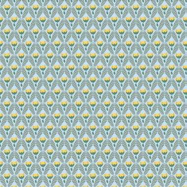 Şeffaf arkaplanda açık mavi bir zemin üzerinde stilize sarı çiçeklerin ve yeşil yaprakların tekrarlanan tasarımı