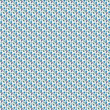 Beyaz arka planda yeşil yapraklı küçük mavi çiçekler