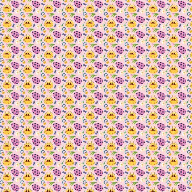 Paskalya yumurtalarının kusursuz deseni ve pembe arka planda çizgi film tavşan yüzleri.