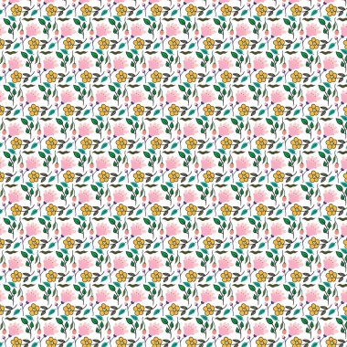 Küçük pembe ve sarı çiçeklerin tekrar eden tasarımı beyaz arka planda izole edilmiş yapraklarla