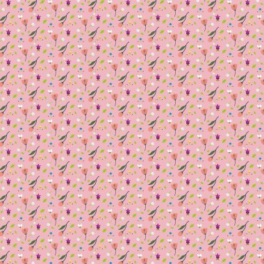 Minik renkli çiçeklerin ve pembe yaprakların tekrarlanan deseni