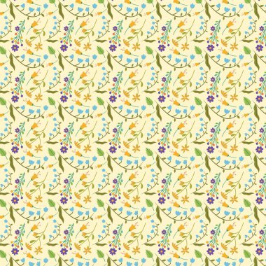 Küçük çiçekler ve soluk sarı arkaplanda yapraklar içeren tekrarlanan tasarım