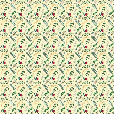 Bej yüzeyde küçük çiçek ve yaprakların tekrarlanan deseni