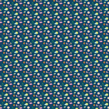 Mavi arka planda şeffaf arkaplanda bulunan flamingo çiçekleri ve yaprakları içeren yinelenen tasarım