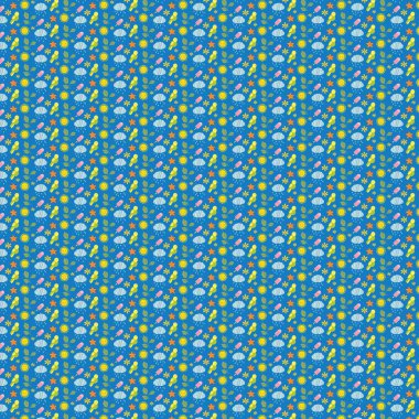 Mavi arka planda çeşitli çiçek ve yıldızların tekrarlanan tasarımı