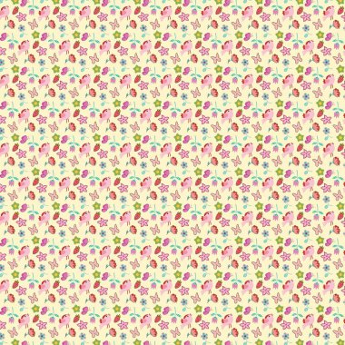 Çilek kelebekleri ve çiçeklerin şeffaf arka planda izole edilmiş yumuşak soluk bir arka planda tekrarlanan tasarım