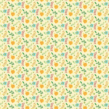 Bej arka planda çiçek yaprakları ve dalları içeren tekrarlanan dizayn