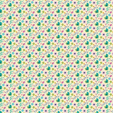 Dallardaki küçük mavi kuşların çok renkli çiçekleri ve açık arkaplanda izole edilmiş yaprakları tekrarlıyor.