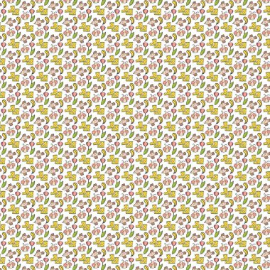 Çizgi film maymunları muz çiçekleri ve beyaz arka planda yıldızlar