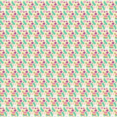 Paskalya tavşanlarının tekrar eden tasarımı yumurtalar, çiçekler ve bej yapraklar