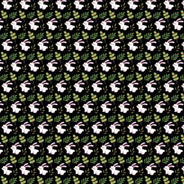 Beyaz tavşanlar ve yeşil bitkilerle koyu arkaplanda kırmızı böğürtlenler içeren tekrarlanan tasarım