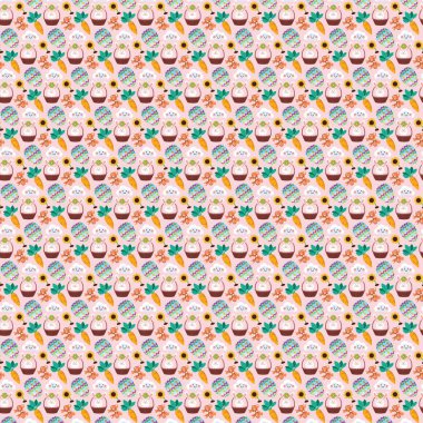 Açık pembe arkaplanda paskalya elementlerinin tasarımı tekrarlanıyor