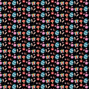 Paskalya yumurtaları, tavşanları ve şeffaf arkaplanda izole edilmiş çiçekleri içeren tekrarlanan tasarım