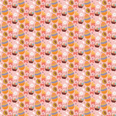 Paskalya yumurtalarının ve pembe arka planda çiçekli sepetlerdeki tavşanların tasarımı tekrarlanıyor