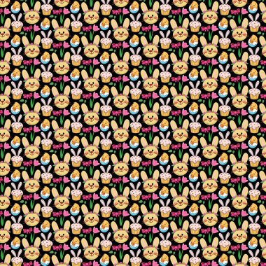 Tekrarlanan sevimli tavşan suratlı kapkekler ve siyah yumurtalar.