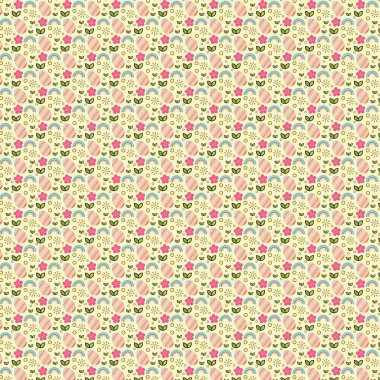 Gökkuşağı çiçekleri ve sarı arka planda izole edilmiş kelebekler içeren tekrarlanan tasarım