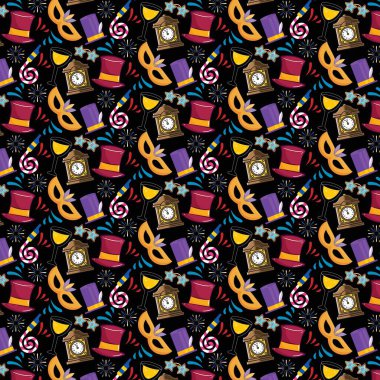 Şeffaf arkaplanda izole edilmiş maske ve saatler de dahil olmak üzere karnaval elementlerinin tekrarlanan deseni