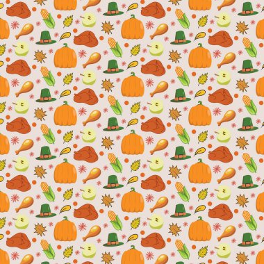 Bej arka planda şükran günüyle ilgili karikatür görüntülerinin tekrarlanması