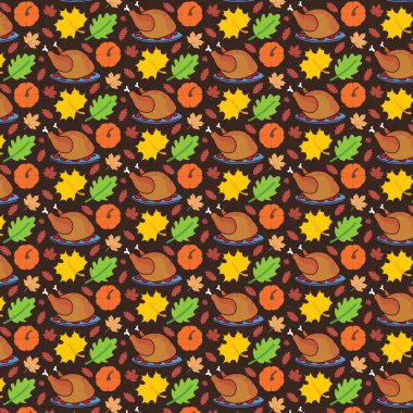 Tabaktaki hindinin kusursuz deseni. Kahverengi arka planda yapraklar ve balkabakları var.