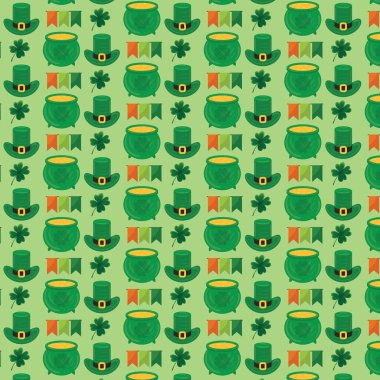 Açık yeşil arka planda yeşil şapka çanak çömlek ve yonca desenleri tekrarlanıyor