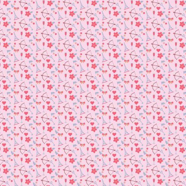 Tekrar eden tasarım, kalp, çiçek, yay ve pembe üzerinde Eyfel Kulesi.