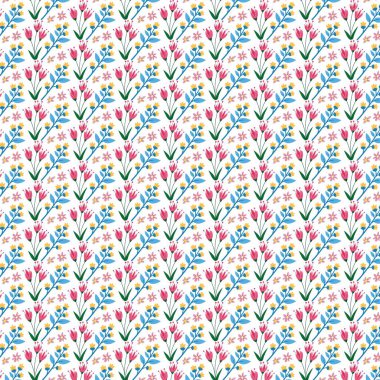 Tekrar eden pembe laleler ve beyaz arka planda izole edilmiş küçük sarı ve pembe çiçekler.