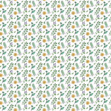 Beyaz arkaplanda küçük sarı çiçekler ve yeşil yapraklar tekrarlanıyor