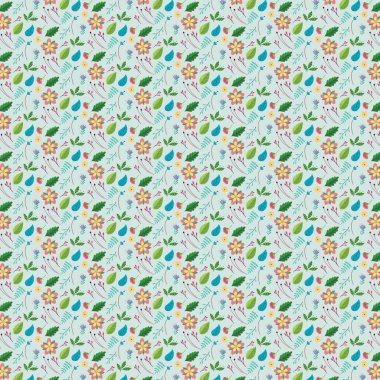 Küçük çiçekler ve açık mavi arkaplanda izole edilmiş yapraklar içeren tekrarlanan tasarım