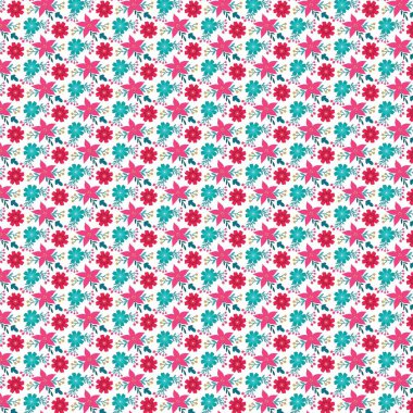 Beyaz arkaplanda yaprakları olan küçük kırmızı ve mavi çiçekler