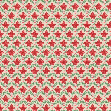 Kırmızı çiçeklerin ve yeşil yaprakların bej arka planda tekrarlanan tasarımı