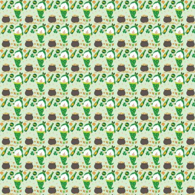 Gnome altın sikkelerinin ve açık yeşil arka planda yonca desenlerinin tekrarlanması