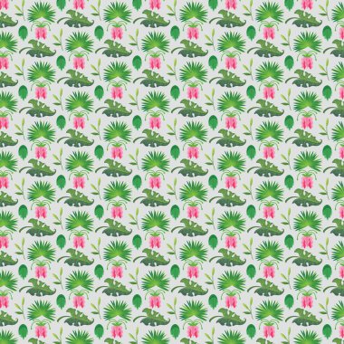 Timsahlar, palmiye ağaçları ve beyaz arka planda izole edilmiş pembe çiçekleri içeren tekrarlanan tasarım