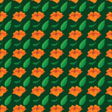 Koyu yeşil arka planda turuncu çiçekler ve yeşil yapraklar pürüzsüz bir desen oluşturuyor.