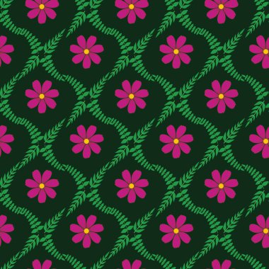 Pembe çiçeklerin ve yeşil yaprakların koyu yeşil arka planda tekrar eden tasarımı