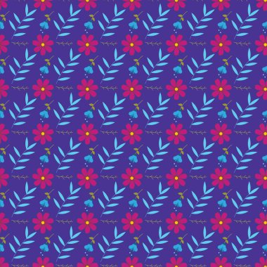 Pembe arka planda yeşil yapraklı, kırmızı ve mavi çiçeklerin kusursuz deseni