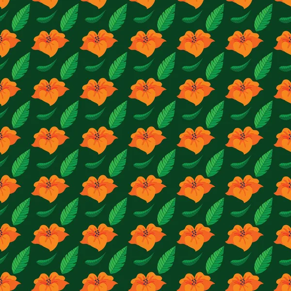 Koyu yeşil arka planda turuncu çiçekler ve yeşil yapraklar pürüzsüz bir desen oluşturuyor.
